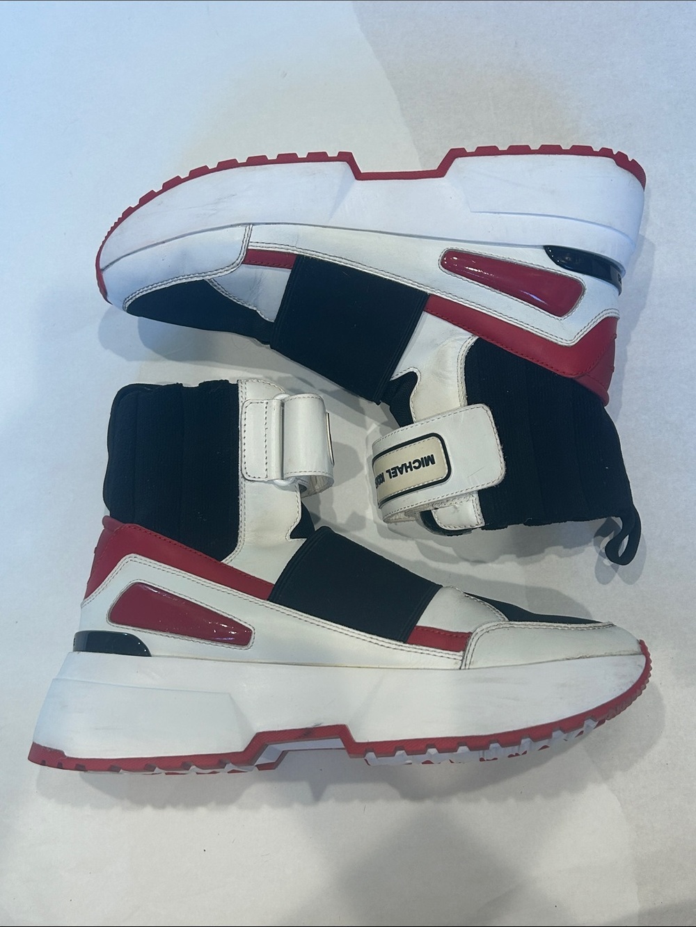 Michael Kors White, Black & Red High-Top Sneakers with Strap women’s size 9